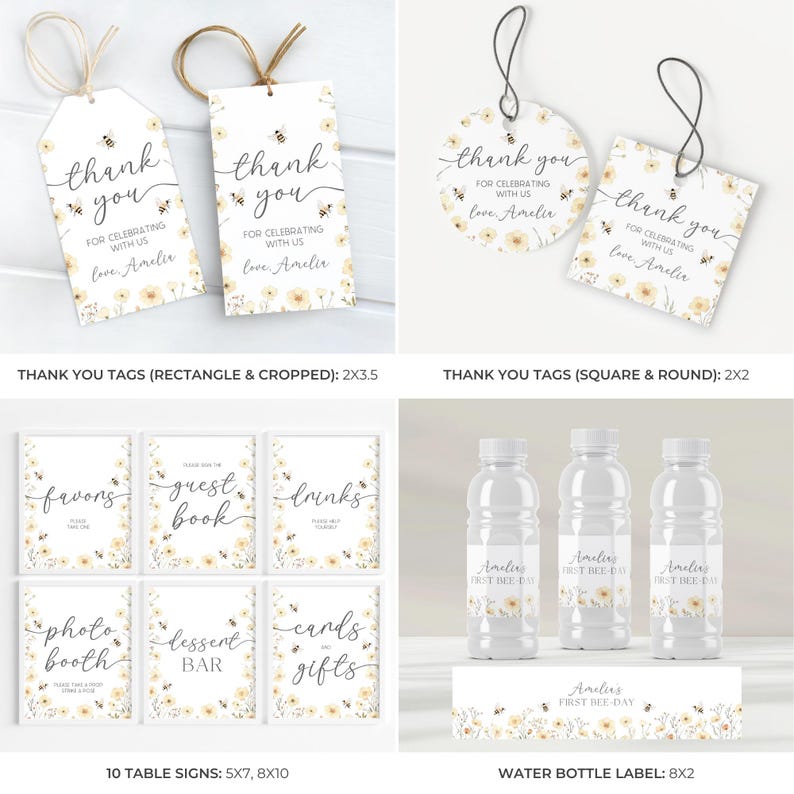 May include: A collection of party supplies with a bee theme. Includes rectangular and round thank you tags, table signs, and water bottle labels. The tags and labels feature floral and bee designs with the text "thank you" and "love Amelia".