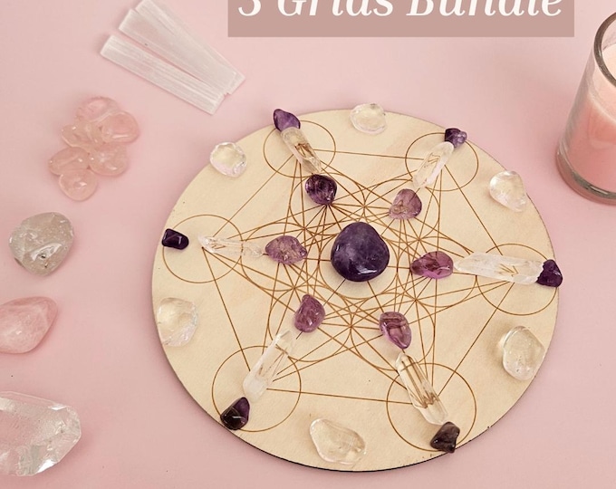 Crystal grid bundle build your own crystal grid set with amethyst rose quartz clear quartz wooden grid plate selenite sticks info cards