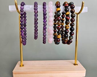 Selenite Satin Spar Crystal Bracelet Display Stand with Wooden Base Golden Metal Jewelry Hanger Bohemian Home Decor Minerals Holder Gift