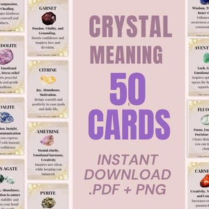 Może przedstawiać: Zestaw 50 kart znaczenia kryształów z różnymi kamieniami szlachetnymi i ich właściwościami. Karty są ułożone wokół tekstu "CRYSTAL MEANING 50 CARDS INSTANT DOWNLOAD .PDF + PNG". Tło jest w kolorze jasnoróżowym.