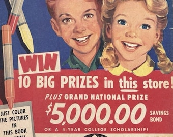 ヴィンテージの食料品店の塗り絵帳、未使用、1954年製、ブランド名：ジェロ、クリネックスなど