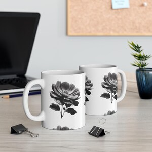 Elegant Floral Black and White Mug, Coffee Mug, Tea Cup, Home Decor, Gift for Plant Lovers, Mother&#39;s Day, Floral Design