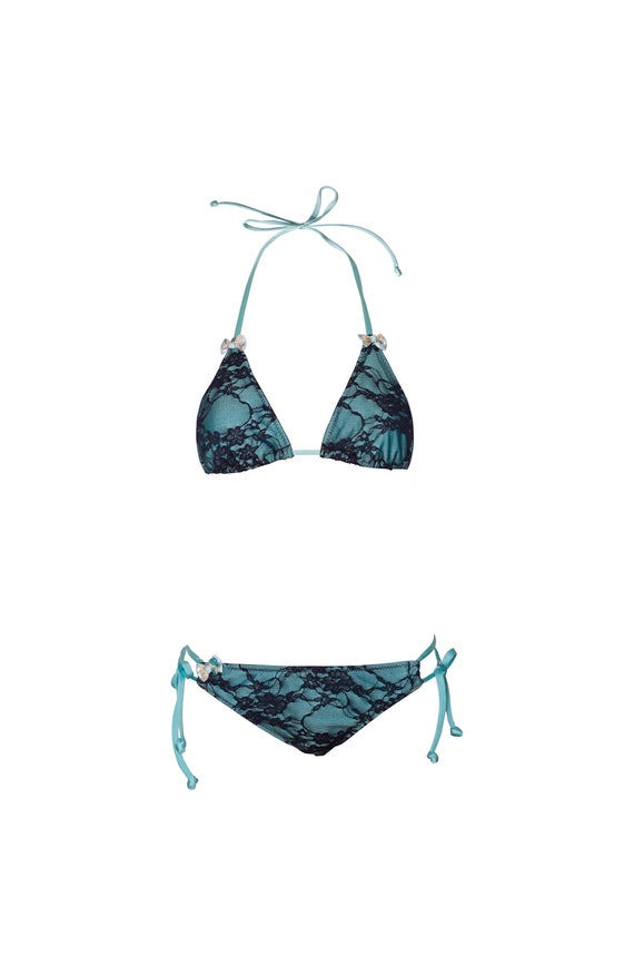 Teal Blue Lace Ruffle Bikini Swimsuit Swimwear Set with | Etsy