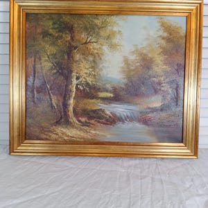 Antique painting – River landscape, vintage oil on canvas