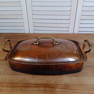 Antique French frying pan, hammered copper with signed lid, vintage