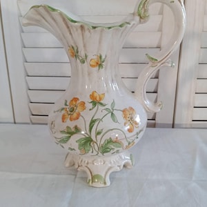 Antique French ceramic pitcher, vintage yellow flowers