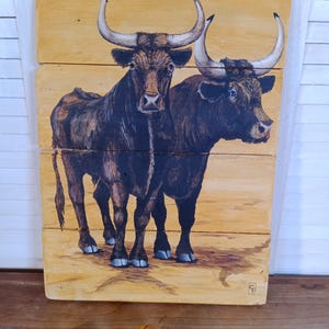 Antique wood painting, bulls, vintage