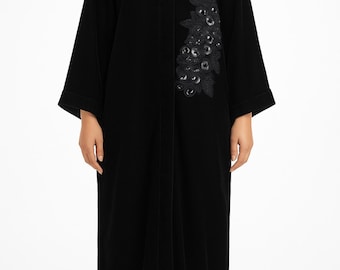 Schwarze Samtjacke im Kimono-Stil mit Kristall-Patchwork