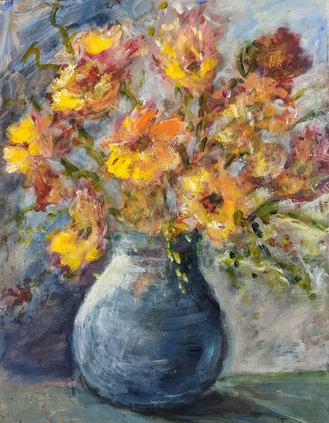 Yellow Flowers in Blue Vase 14x11 original expressionist Etsy