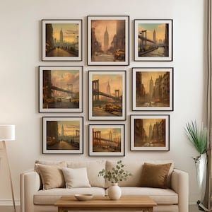 Arte mural vintage de Nueva York: 7 pósteres imprimibles del Empire State y el puente de Brooklyn (5 tamaños) + fondos de pantalla adicionales para teléfono/computadora / Descarga instantánea