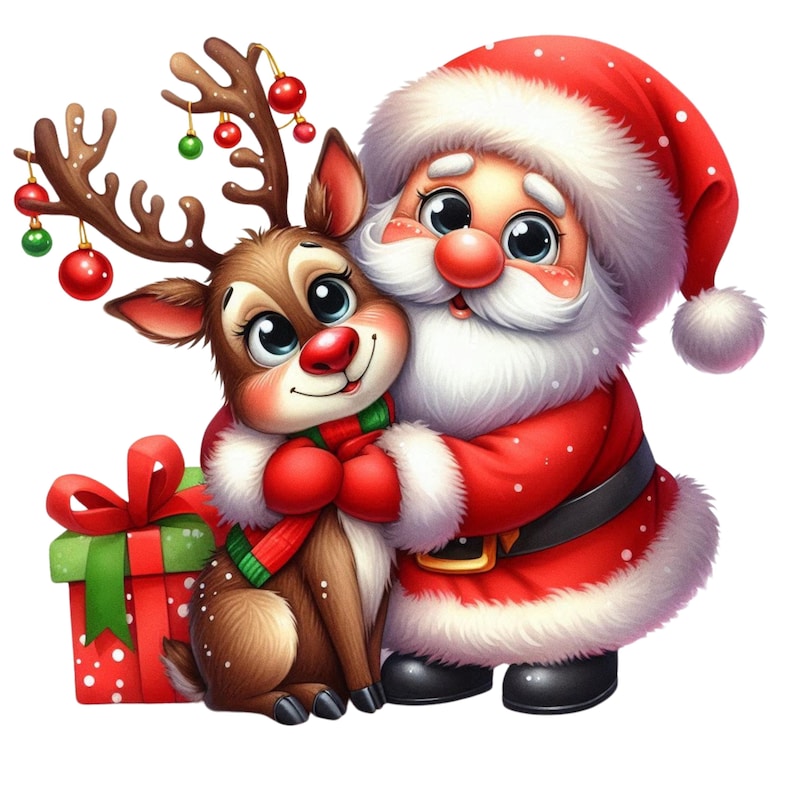 Świąteczna grafika z reniferem Świętego Mikołaja: świąteczne ilustracje PNG (pobieranie cyfrowe) zdjęcie 1