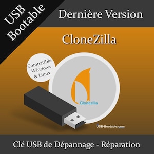 Pode incluir: Uma pen drive USB preta com um conector branco, o texto "CloneZilla" e "USB Bootable" são visíveis. A imagem também inclui o texto "Compatible Windows & Linux" e "USB-Bootable.com". O fundo é laranja e cinza.