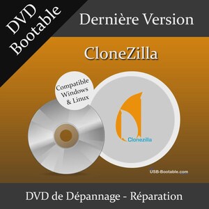 Pode incluir: Um DVD prateado com o texto "CloneZilla" e "Compatible Windows & Linux" num fundo gradiente laranja e cinza. O texto "DVD Bootable" e "USB-Bootable.com" também são visíveis.