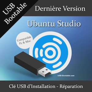 Könnte beinhalten: Ein schwarzer USB-Stick mit silbernem Stecker ist abgebildet. Der Text "USB Bootable" und "Ubuntu Studio" sind zu sehen. Der Text "Compatible Pc & Mac" und "USB-Bootable.com" sind ebenfalls enthalten. Der Hintergrund ist ein blauer Farbverlauf.