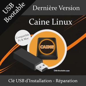May include: A black USB drive with a white USB connector, and the text "USB Bootable" in white. The image also features the text "Caine Linux" and "Compatible Pc & Mac". The image has an orange and black colour scheme.