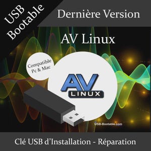 Può includere: Un'unità USB nera con un connettore USB bianco è raffigurata. L'immagine include il testo "AV Linux" in un logo blu e nero, insieme a "USB Bootable" e "Compatible Pc & Mac". Lo sfondo presenta motivi di onde colorate.