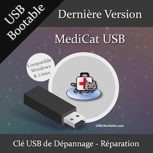 Può includere: Una chiavetta USB nera con un connettore bianco. L'immagine include il testo "MediCat USB", "USB Bootable" e "Compatible Windows & Linux". È presente anche un gatto dei cartoni animati con un kit medico, insieme alle parole "Dernière Version".