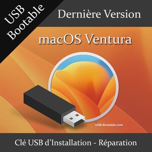 Può includere: Un'unità USB nera con un connettore bianco è posizionata di fronte a una grafica di macOS Ventura. Lo sfondo è arancione e presenta le parole "USB Bootable" e "macOS Ventura". È visibile anche il testo "USB-Bootable.com".