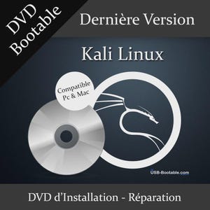 Op de afbeelding: Een zilveren dvd met de tekst "Kali Linux" en "Compatible Pc & Mac" op een donkerblauwe achtergrond. De afbeelding bevat de tekst "DVD Bootable" en "USB-Bootable.com". Er is ook een wit draakachtig symbool aanwezig.