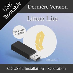 Può includere: Una chiavetta USB nera con connettore bianco, con le scritte "USB Bootable" e "Linux Lite". L'immagine include il testo "Compatible Pc & Mac" e "USB-Bootable.com".