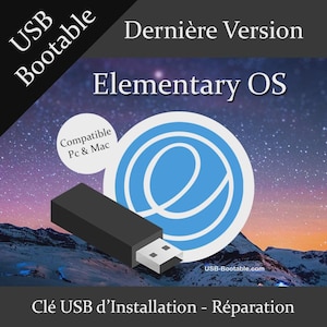 Può includere: Un'unità USB nera con connettore argentato, con il logo Elementary OS in blu e bianco. Il testo include "USB Bootable", "Dernière Version" e "Clé USB d'Installation - Réparation". Lo sfondo mostra una catena montuosa sotto un cielo stellato.