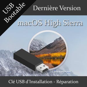 Könnte beinhalten: Ein schwarzer USB-Stick mit weißem Stecker ist abgebildet. Der Text "USB Bootable" und "macOS High Sierra" sind zu sehen. Der Hintergrund zeigt eine Landschaft mit Bergen und einem See.
