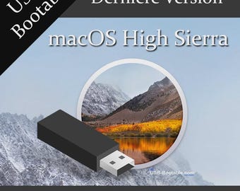 Könnte beinhalten: Ein schwarzer USB-Stick mit weißem Stecker ist abgebildet. Der Text "USB Bootable" und "macOS High Sierra" sind zu sehen. Der Hintergrund zeigt eine Landschaft mit Bergen und einem See.
