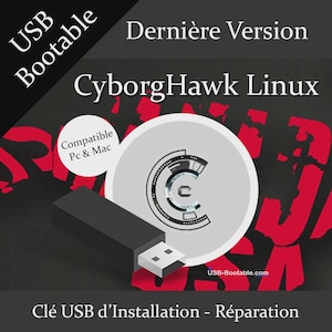 May include: A black USB drive with a white connector is shown. The image includes the text "USB Bootable" and "CyborgHawk Linux". The text "Compatible Pc & Mac" and "USB-Bootable.com" are also visible.