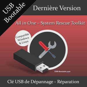 Könnte beinhalten: Ein schwarzer USB-Stick mit weißem Stecker. Das Bild enthält den Text "USB Bootable", "All in One - System Rescue Toolkit" und "Compatible Windows & Linux". Eine kreisförmige Grafik zeigt einen Schraubenschlüssel und einen Schraubendreher.