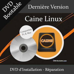 Peut inclure: Image d'un DVD argenté et d'une icône numérique avec le texte "Caine Linux" sur un fond noir et orange. L'icône est un rectangle noir avec le mot "CAINE" en orange. Le texte comprend "DVD Bootable" et "Compatible Pc & Mac".