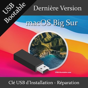 Puede incluir: Una unidad USB negra con un conector blanco se muestra sobre un fondo colorido. La imagen incluye el texto "USB Bootable", "macOS Big Sur" y "USB-Bootable.com". El fondo presenta una imagen de paisaje.