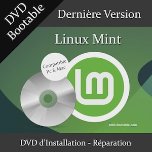Peut inclure: Un DVD intitulé "DVD Bootable" avec le texte "Dernière Version Linux Mint." L'image comprend un CD argenté et un logo vert avec les lettres "lm." Le texte sur le disque indique "Compatible Pc & Mac." Le texte en bas indique "DVD d'Installation - Réparation."