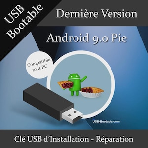 Può includere: Una chiavetta USB nera con connettore bianco, con il testo "USB Bootable" e "Android 9.0 Pie". Una figura di Android tiene in mano una fetta di torta. È visibile anche il testo "Compatible tout PC".