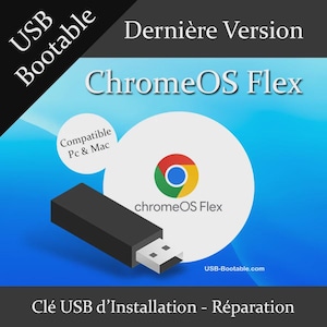 Può includere: Un'unità USB nera con un connettore bianco è raffigurata nell'immagine. Il testo "ChromeOS Flex" è visualizzato con il logo Chrome. Ulteriori testi includono "USB Bootable", "Compatible Pc & Mac" e "USB-Bootable.com".