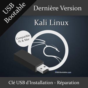 May include: A black USB drive with a white connector, displaying the Kali Linux logo and text. The image includes the words "USB Bootable," "Compatible Pc & Mac," and "USB-Bootable.com" on a dark blue background.