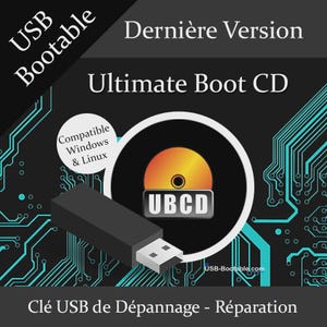 Puede incluir: Una unidad USB negra con un conector blanco se muestra, junto con el texto "USB Bootable" y "Ultimate Boot CD". El diseño incluye un icono de CD y las palabras "Compatible Windows & Linux". El fondo tiene un diseño de placa de circuito.