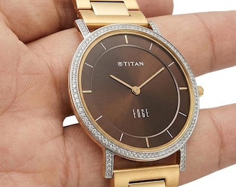 Titan Men's Gold Tone Watch, Brown Dial, Lab-Grown Lab Grown Diamond Bezel