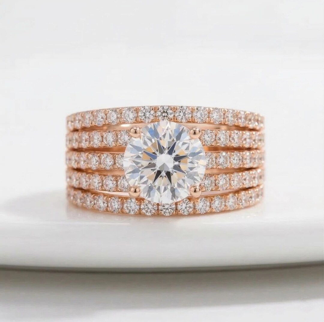 Wide Band Rose Gold Solitaire Ring | Multi Row Lab Grown Diamond Ring ...