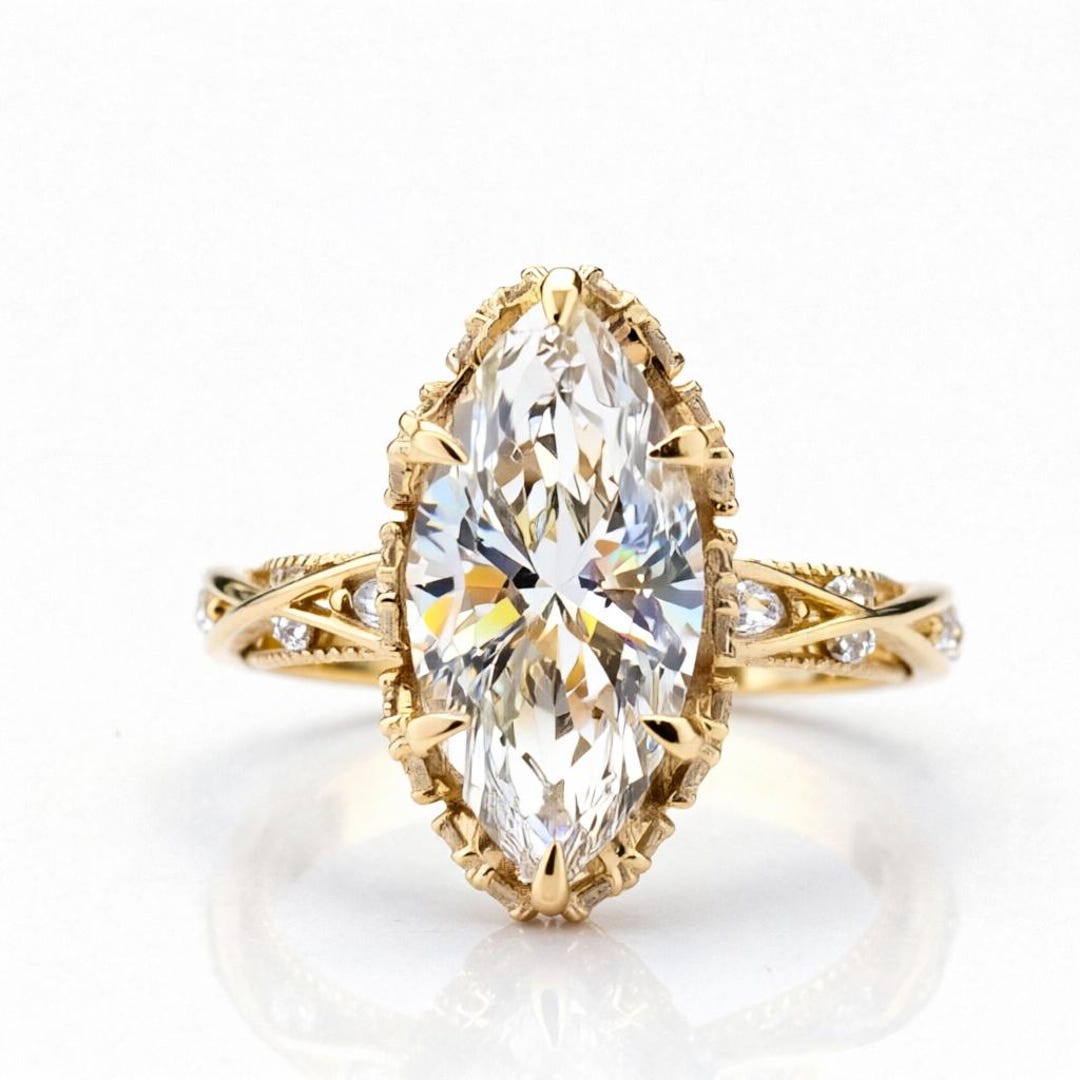 Marquise Cut Lab Diamond Engagement Ring – Solid Gold Side Stone Bridal ...