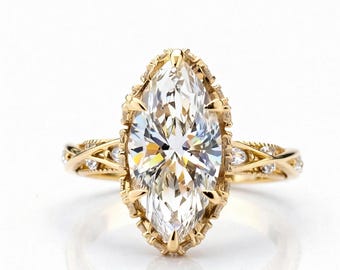 Anillo de compromiso con diamante cultivado en laboratorio de talla marquesa – Anillo nupcial de oro macizo con piedras laterales