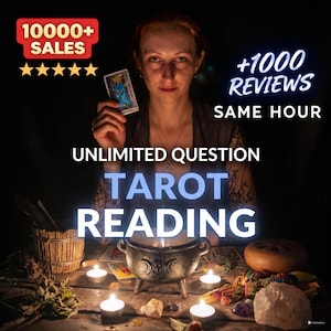 May include: A person holding a tarot card, with the words "TAROT READING" in blue. The image includes text that says "10000+ SALES" and "+1000 REVIEWS SAME HOUR". The scene is lit by candles and features a cauldron.