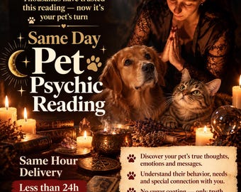 May include: A golden retriever and a tabby cat sit before a golden cauldron, candles, and crystals. Text reads: Thousands have trusted this reading, Same Day Pet Psychic Reading, Same Hour Delivery, Less than 24h, Discover your pet's true thoughts.