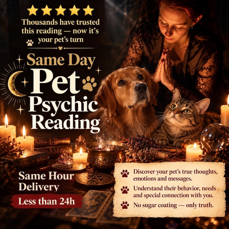 May include: A golden retriever and a tabby cat sit before a golden cauldron, candles, and crystals. Text reads: Thousands have trusted this reading, Same Day Pet Psychic Reading, Same Hour Delivery, Less than 24h, Discover your pet's true thoughts.