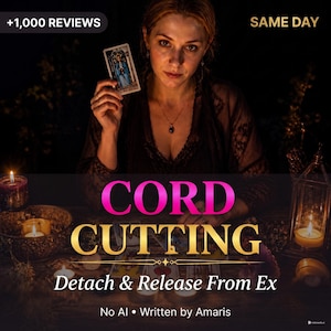 May include: An image advertising a service with the words "CORD CUTTING" in gold and pink. The image shows a person holding a tarot card, with candles and other mystical items on a table. The text "Detach & Release From Ex" is also visible.