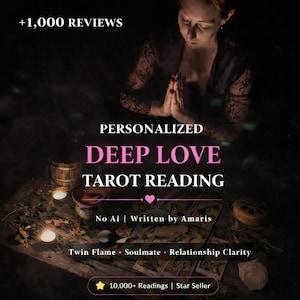 May include: An image promoting a personalized Deep Love Tarot Reading. The text includes "+1,000 Reviews", "No AI | Written by Amaris", and keywords like "Twin Flame" and "Soulmate". The image features a person with hands clasped, candles, and tarot cards.
