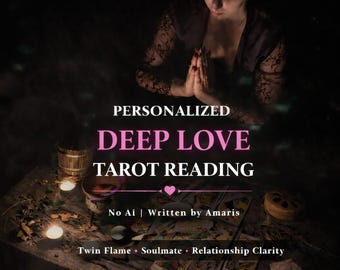 May include: An advertisement for a Deep Love Tarot Reading, featuring the text "+1,000 Reviews" and "Written by Amaris". The image shows a person with clasped hands, candles, and tarot cards. Keywords include "Twin Flame" and "Soulmate".