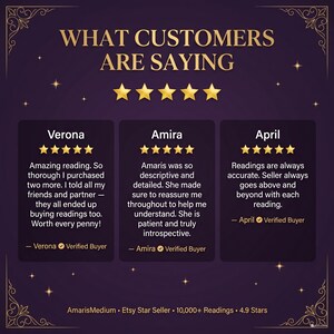 May include: A dark purple graphic featuring the text WHAT CUSTOMERS ARE SAYING with five gold stars. Three testimonial boxes display reviews from Verona, Amira, and April, each with five stars and a Verified Buyer badge. Bottom text reads AmarisMedium.