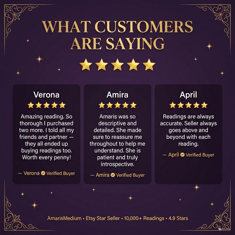 May include: A dark purple graphic featuring the text WHAT CUSTOMERS ARE SAYING with five gold stars. Three testimonial boxes display reviews from Verona, Amira, and April, each with five stars and a Verified Buyer badge. Bottom text reads AmarisMedium.