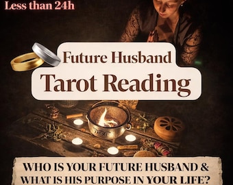 May include: An advertisement for a tarot reading service. The image features a woman, rings, candles, and text that reads "Future Husband Tarot Reading" and "Who is your future husband & what is his purpose in your life?"
