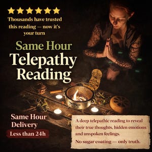 May include: An advertisement for a telepathy reading. The image features a woman with her hands clasped in prayer, a small cauldron with a flame, candles, and text that reads "Same Hour Telepathy Reading" and "Same Hour Delivery".